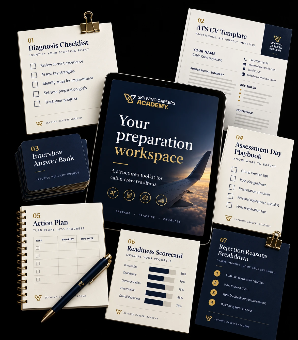 Skywing Careers Academy Readiness Kit with seven practical cabin crew preparation tools