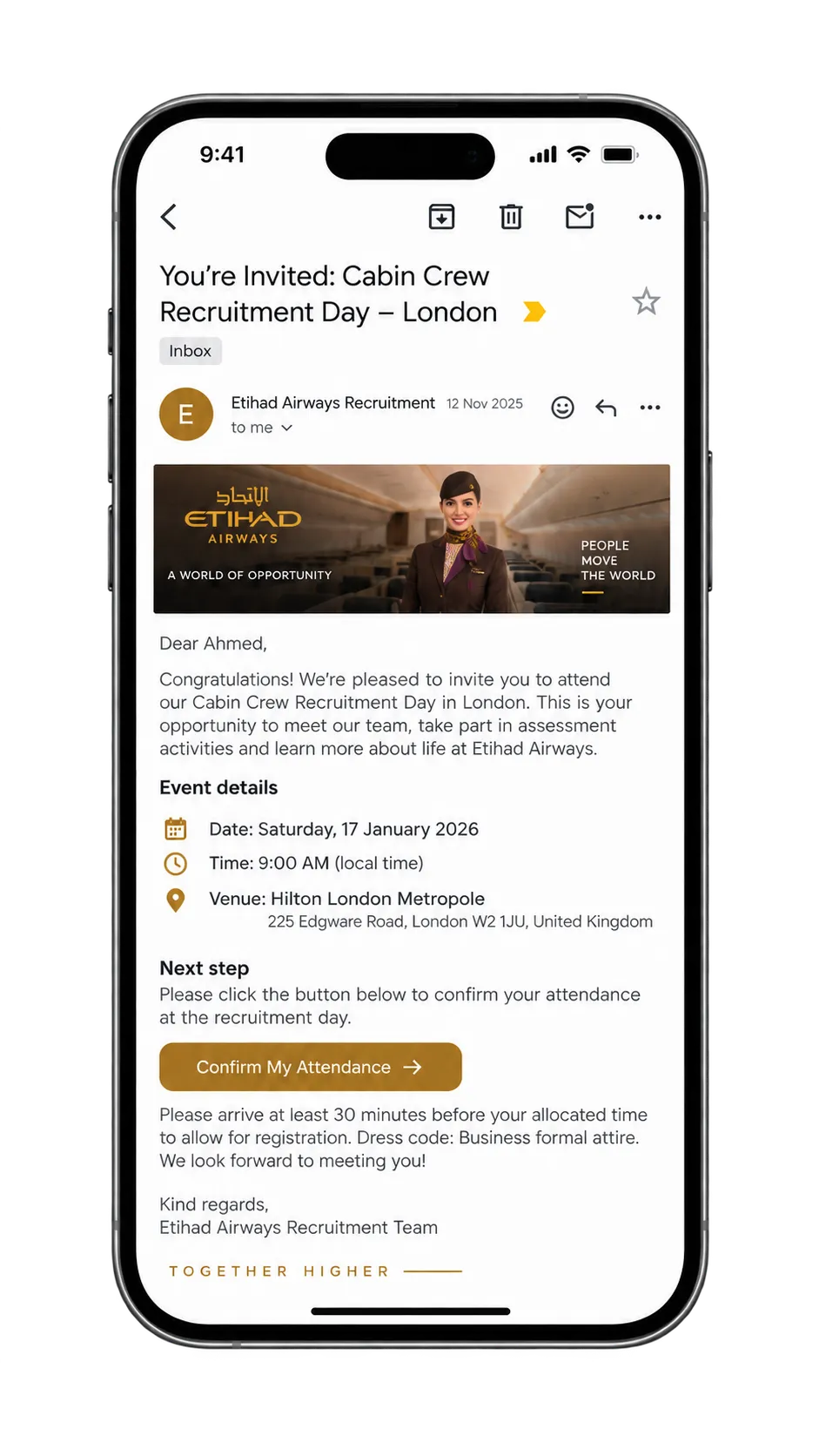 Etihad cabin crew recruitment day invitation example