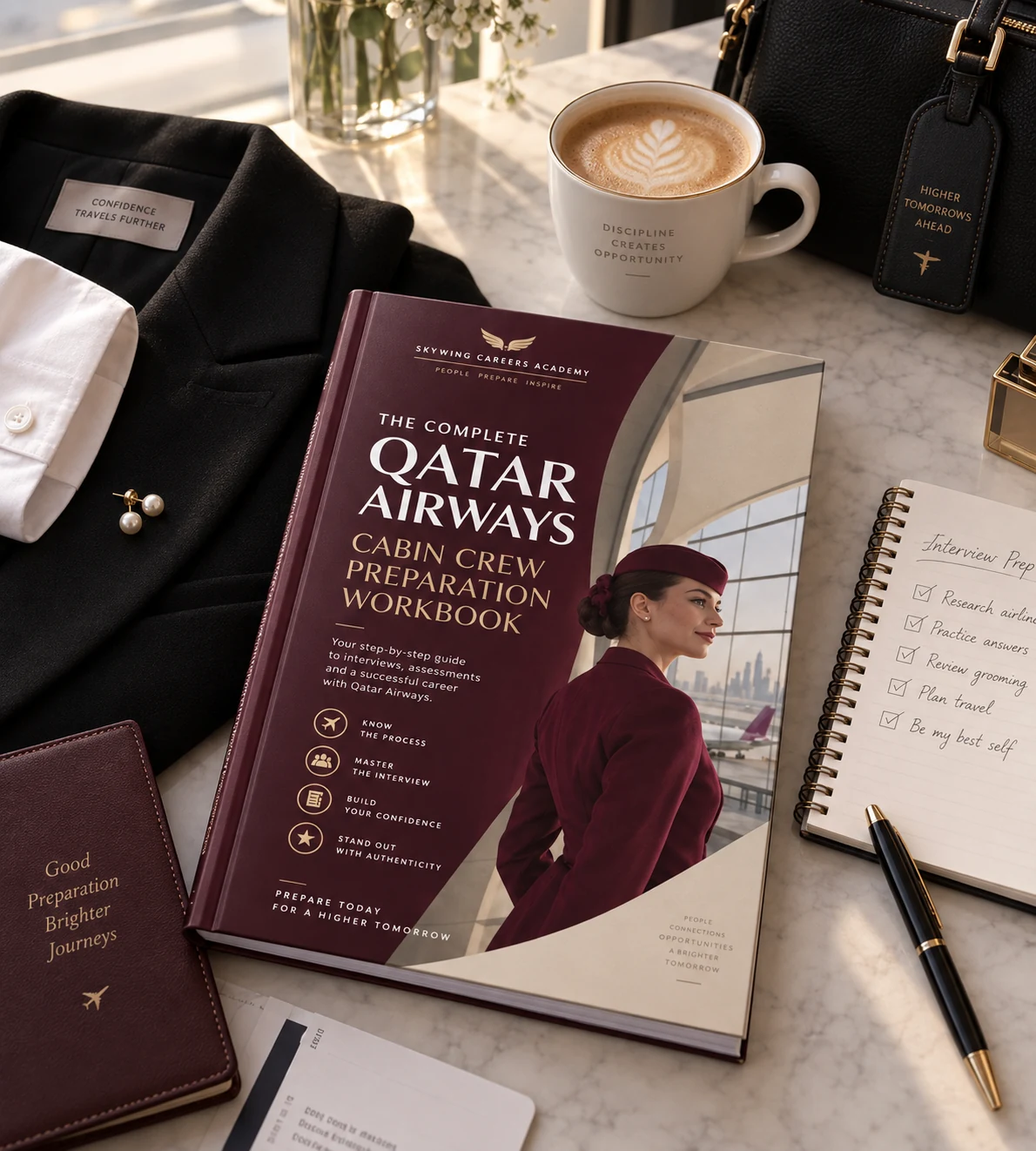 Preview concept for the Skywing Qatar Airways cabin crew preparation workbook
