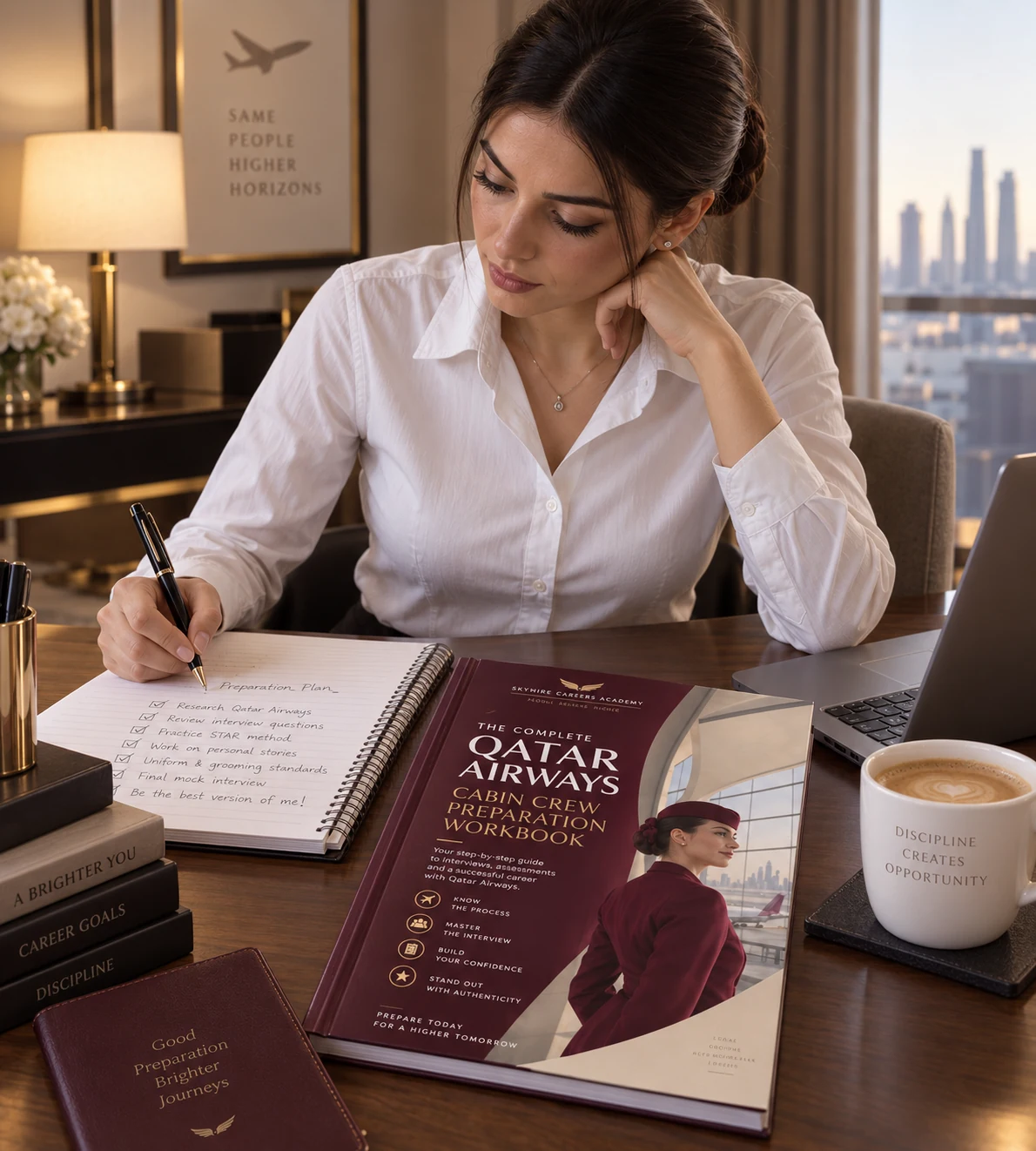 Cabin crew candidate preparing with a preview of the Qatar Airways preparation workbook