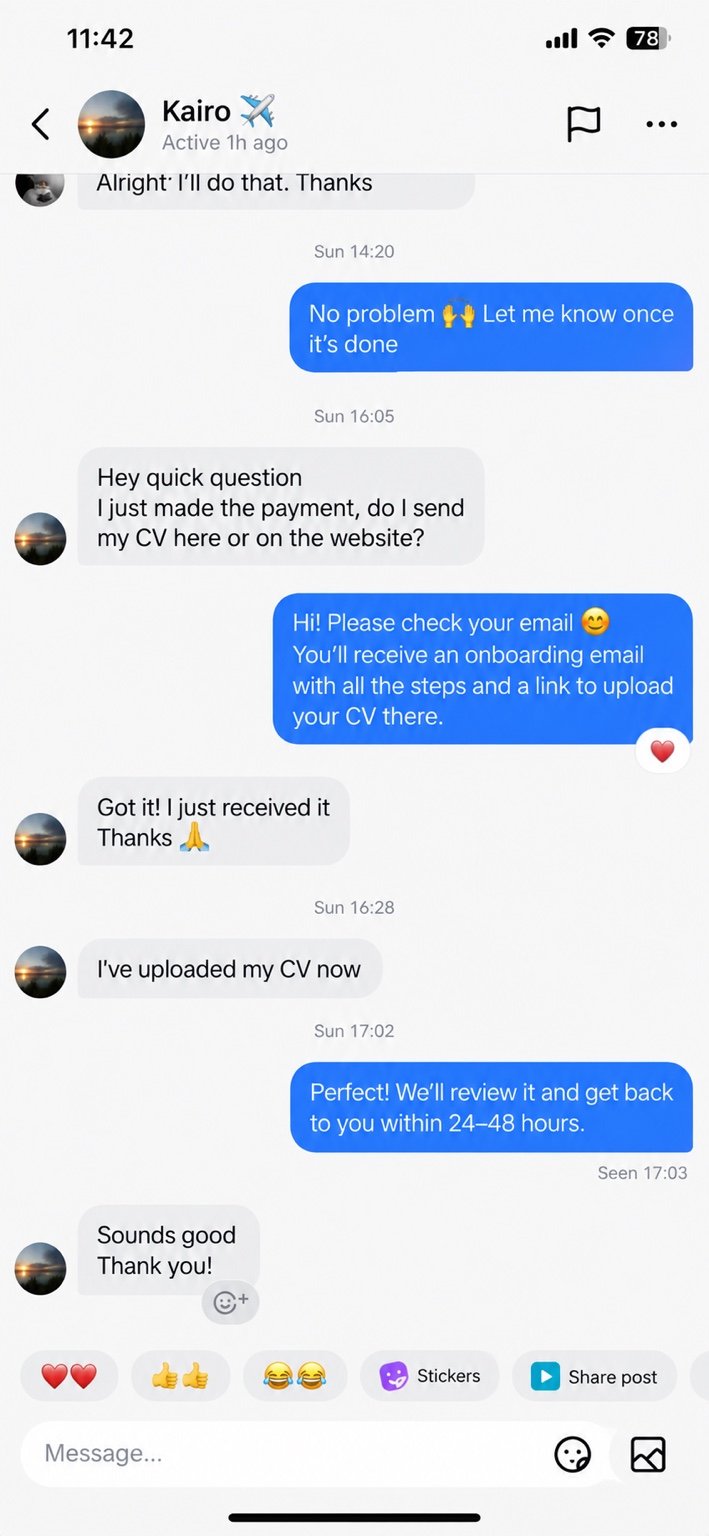 Candidate conversation showing payment confirmation, onboarding email, CV upload and review timing