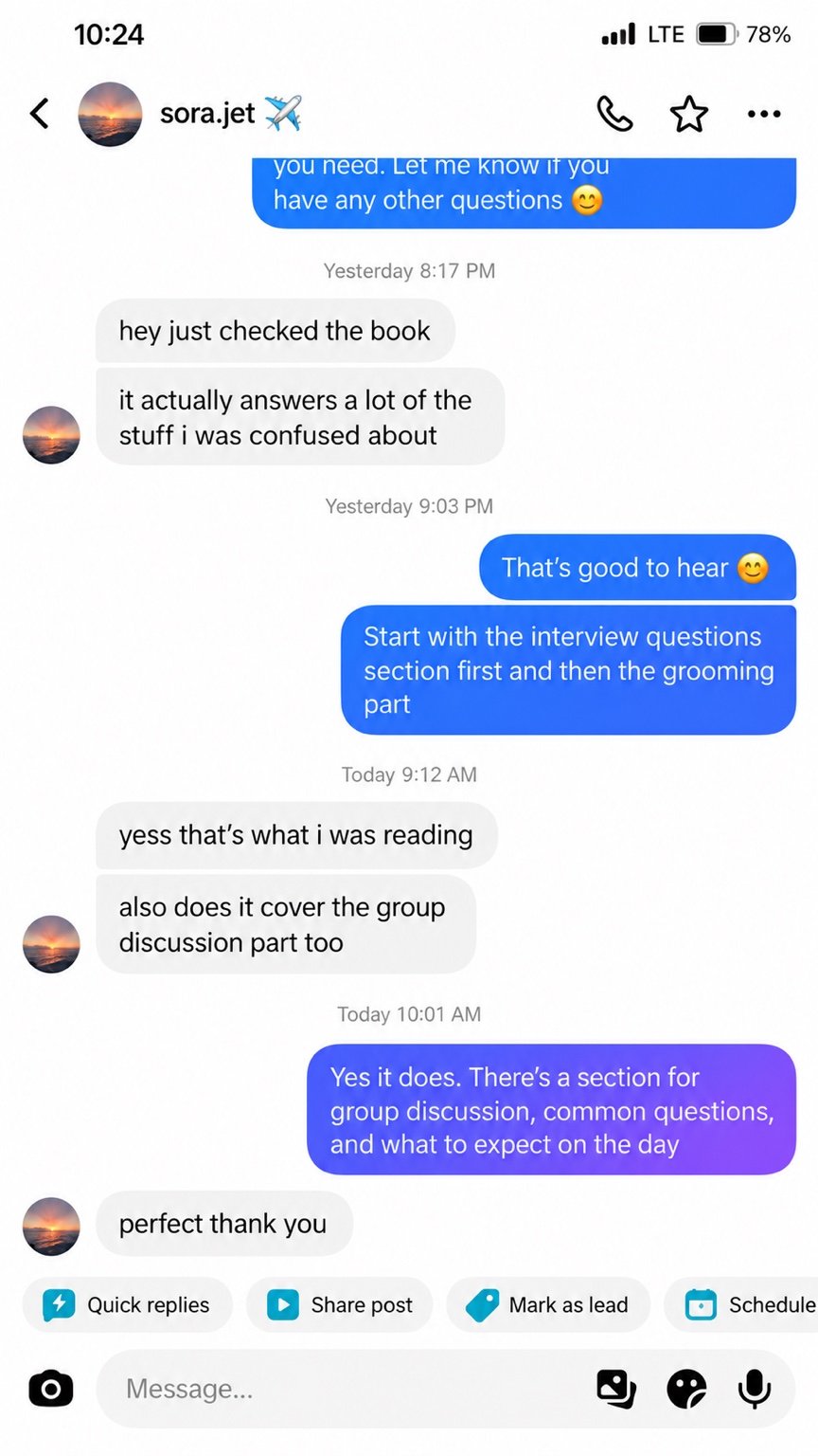 Candidate conversation saying the guide answered confusing questions and asking if it covers group discussion