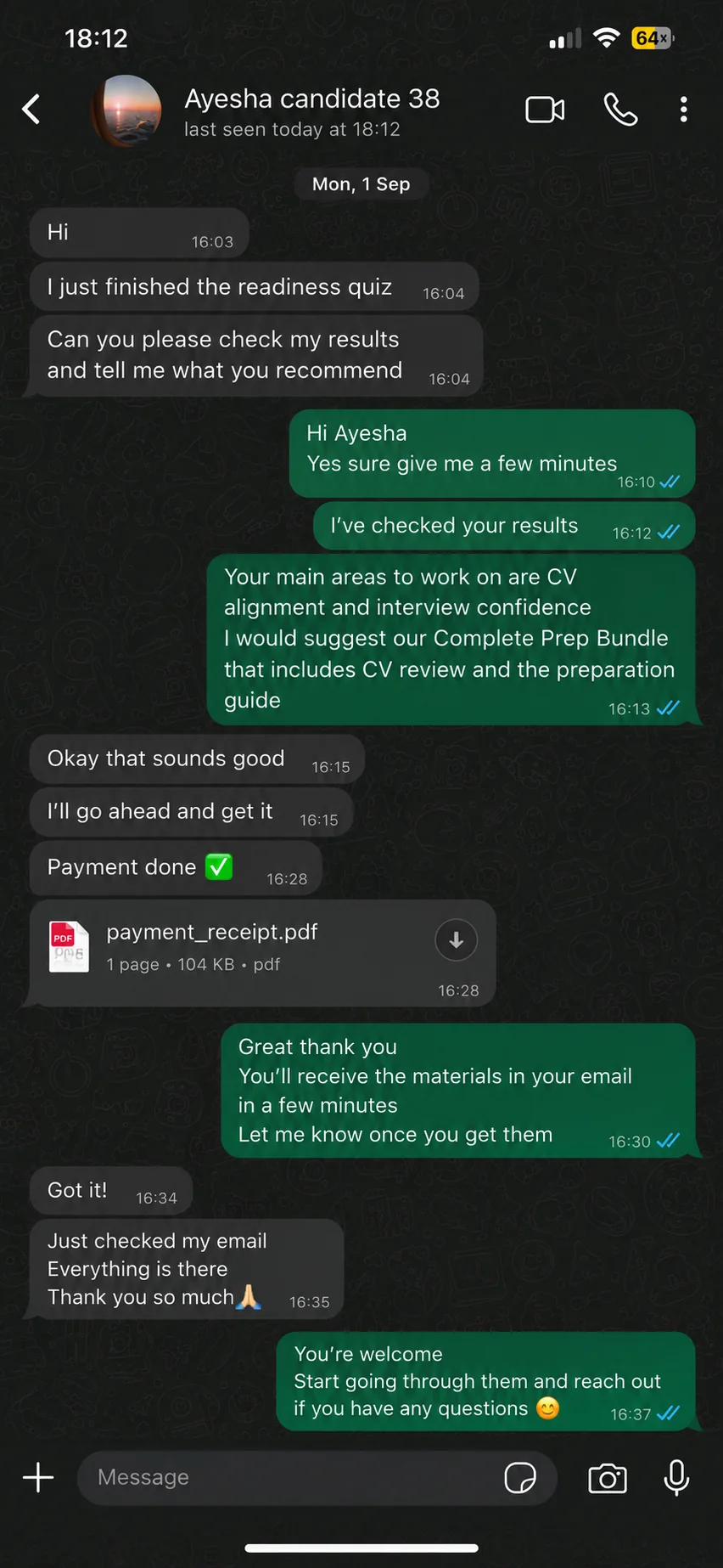 WhatsApp example showing readiness review, payment and delivery follow up
